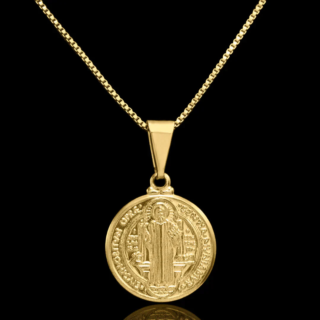 CONJUNTO CORRENTE VENEZIANA 1MM COM PINGENTE SÃO BENTO MINI Banhado a Ouro 18k